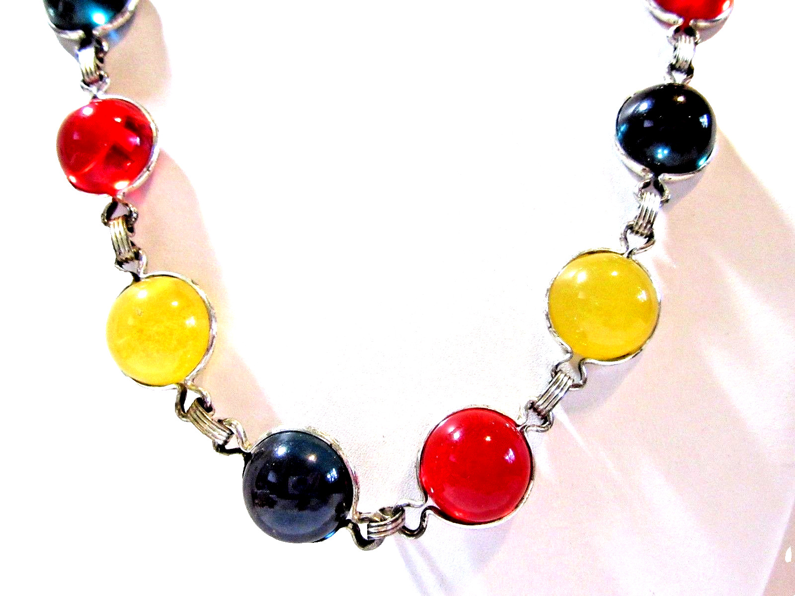 PLASTIC COLORFUL BEZEL SET CABOCHON JEWEL TONES YELLOW BLUE RED CHAIN NECKLACE