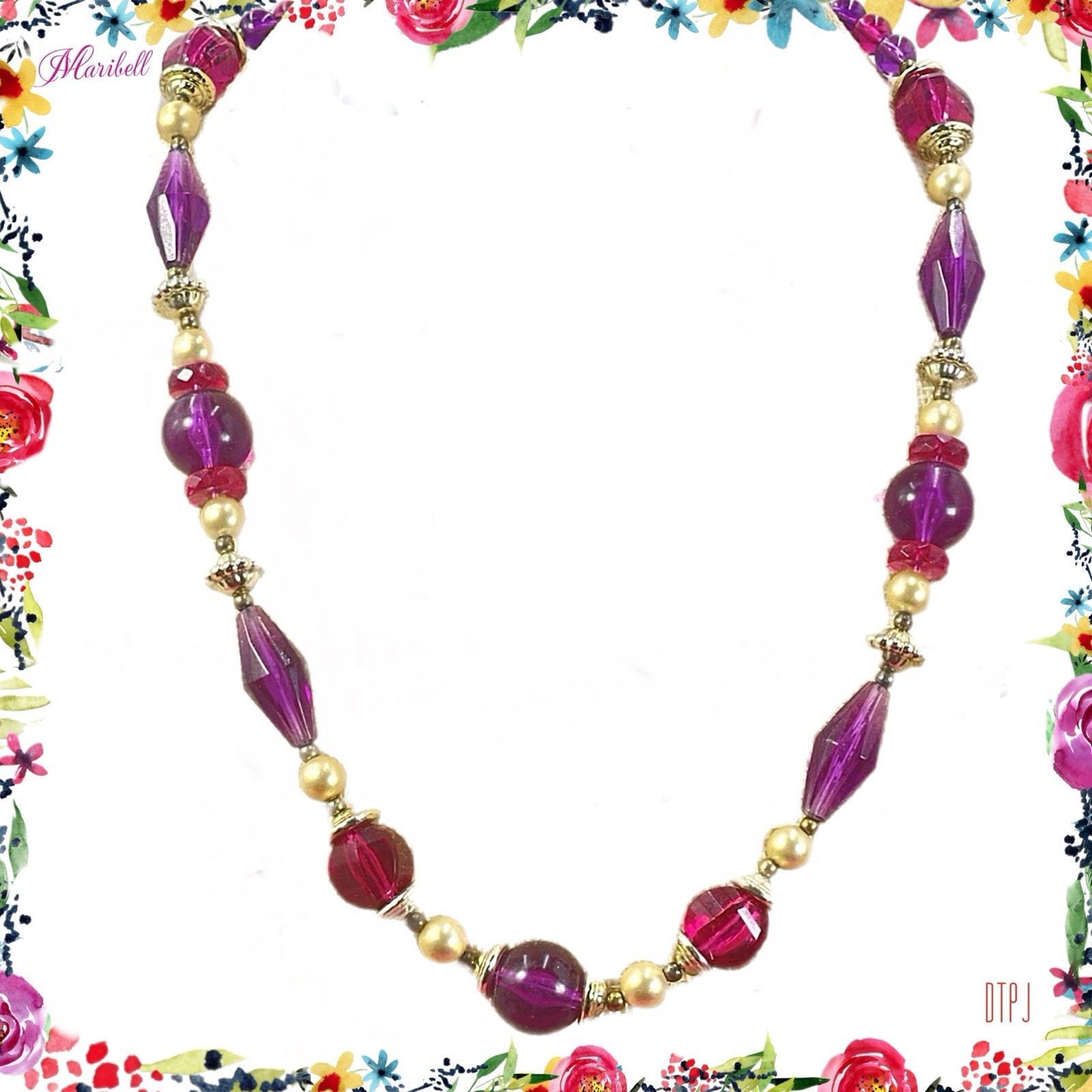 Vintage Bright Purple Pink Beaded Necklace Thick Lucite Gold Tone Spacers