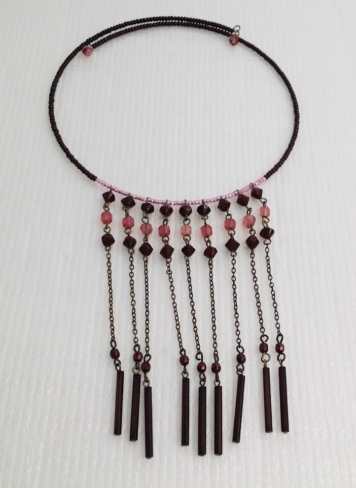 Vintage Coil Wire Beaded Fringe Choker Necklace
