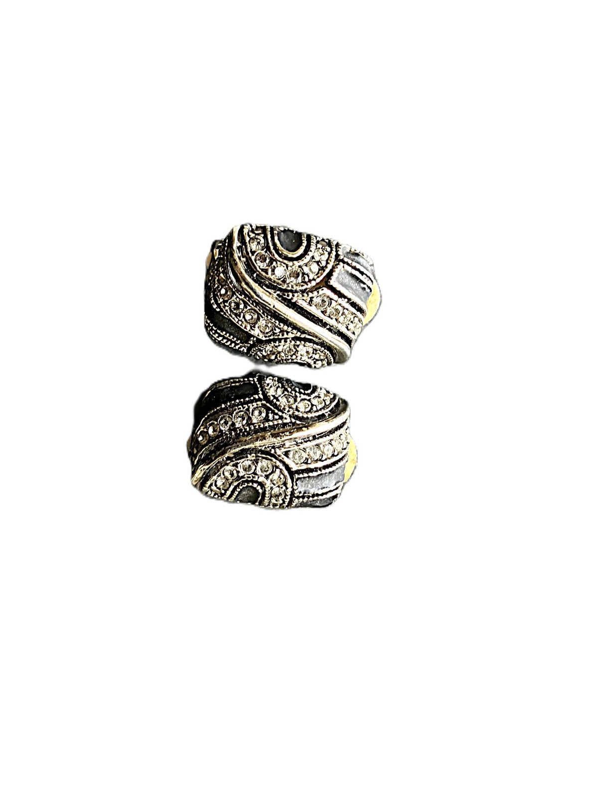 Vintage-Style Silver Black Enamel & Pavé Rhinestone Clip-On Lightweight Earrings