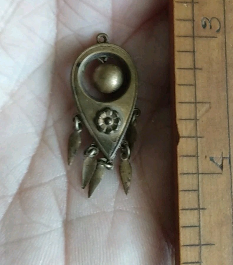 Antique Victorian Silver & Bronze Necklace Dangle Attachment Fancy Flower & Ball