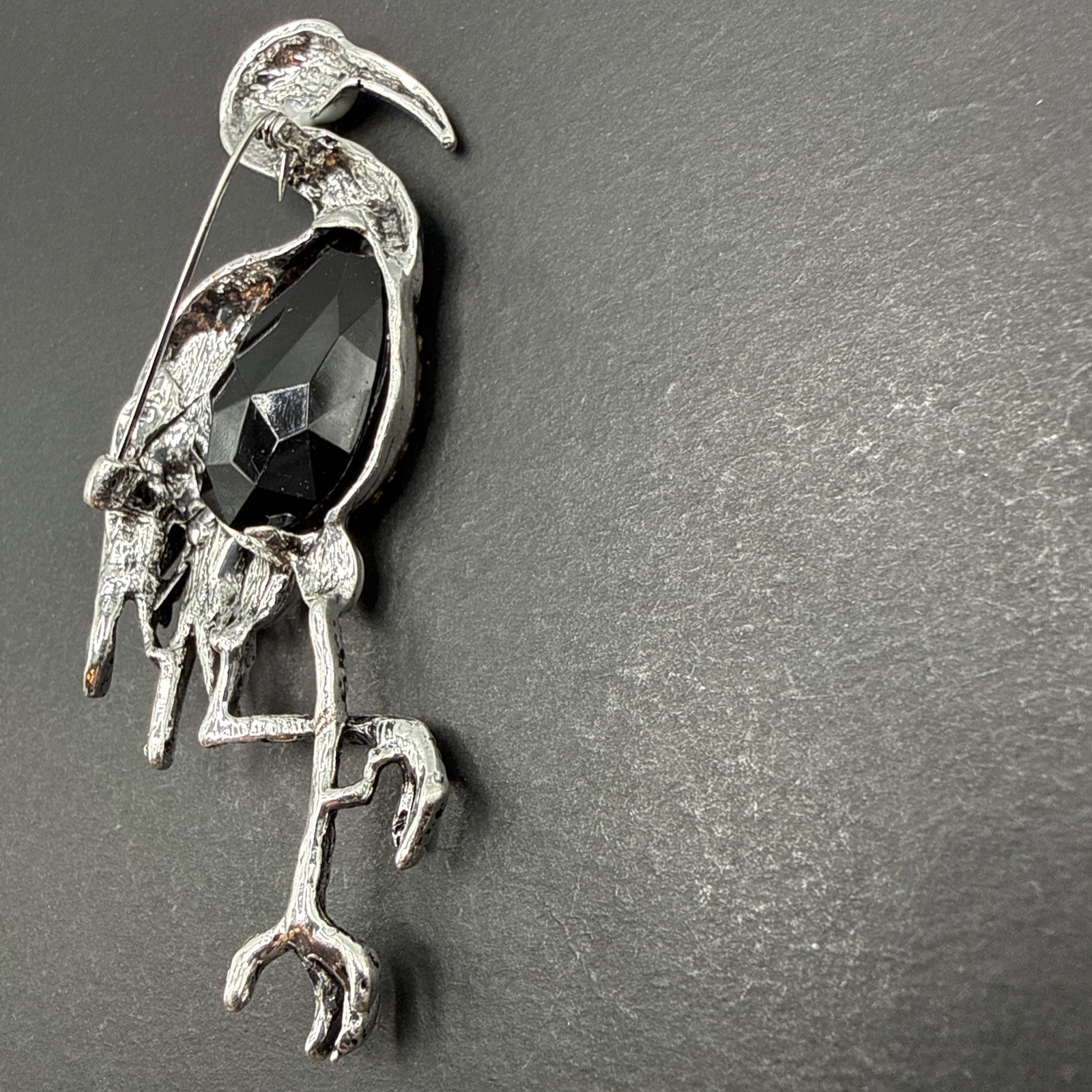 HUGE Heron Bird Brooch Pin Black Rhinestone Colorful Enamel J26