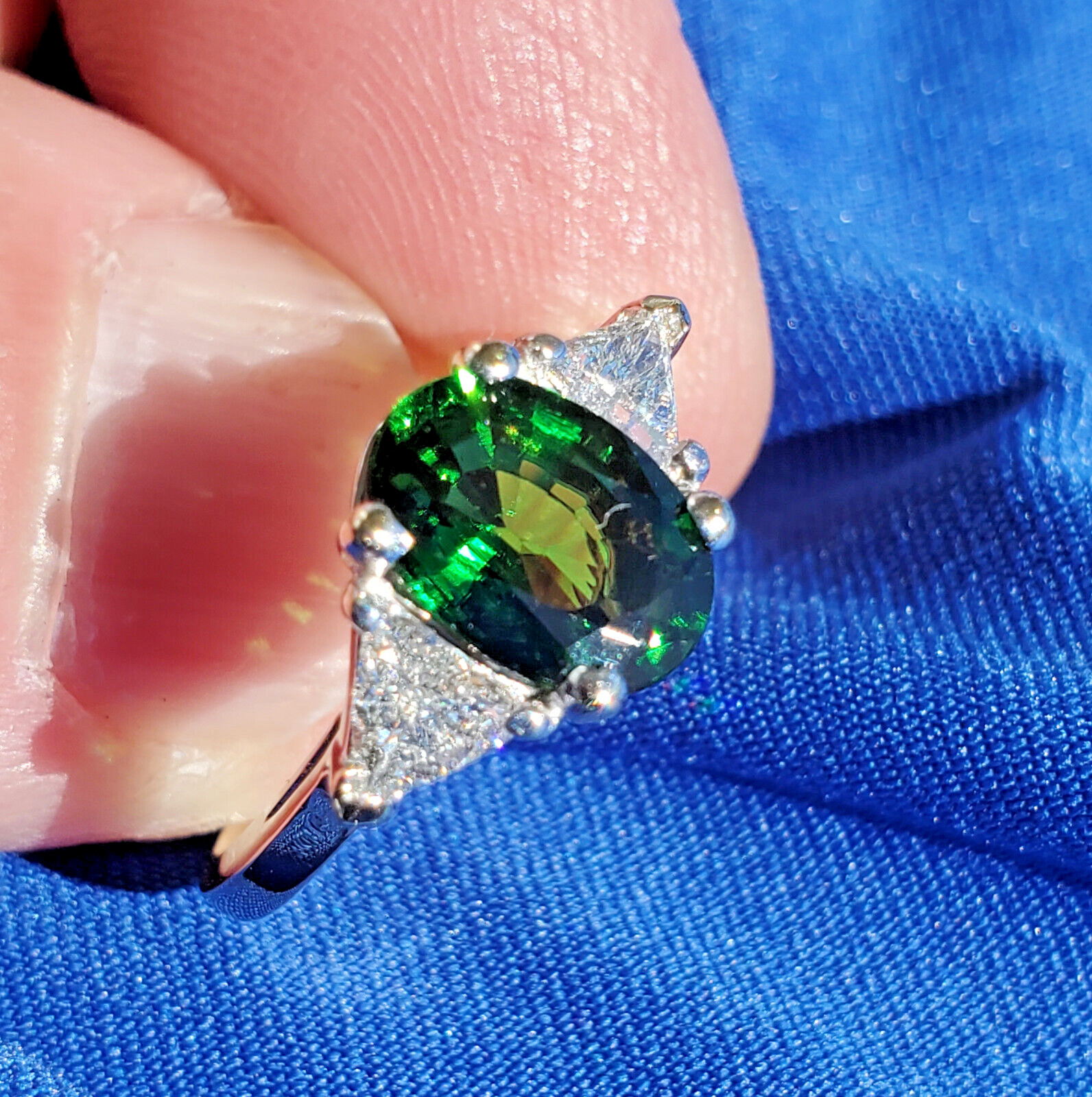 Original EARTH MINED Tourmaline DIAMOND Deco Engagement Ring 14K WHITE GOLD S 7