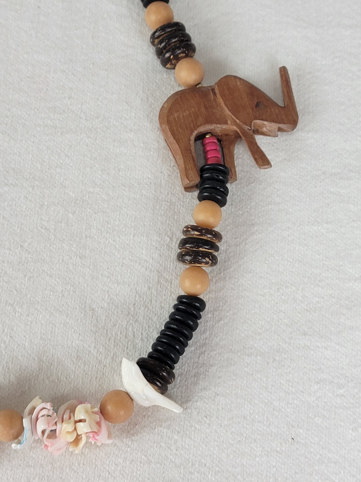 2 Vtg African Carved Wood Safari Necklaces Elephant Rhino Shell Discs Beads Boho