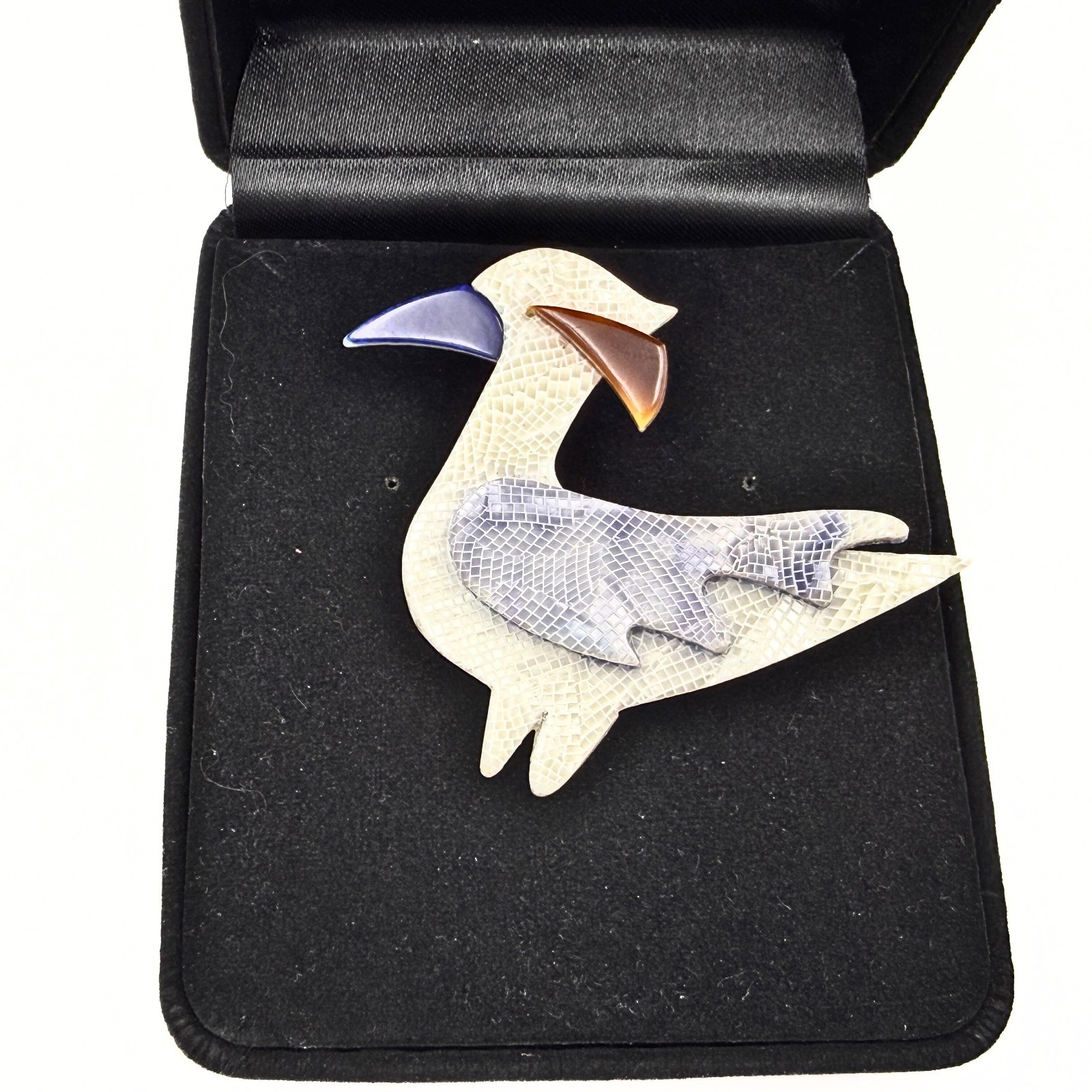 Lea Stein Marked Paris White Blue Acetate “The Cormorant” Celluloid Brooch