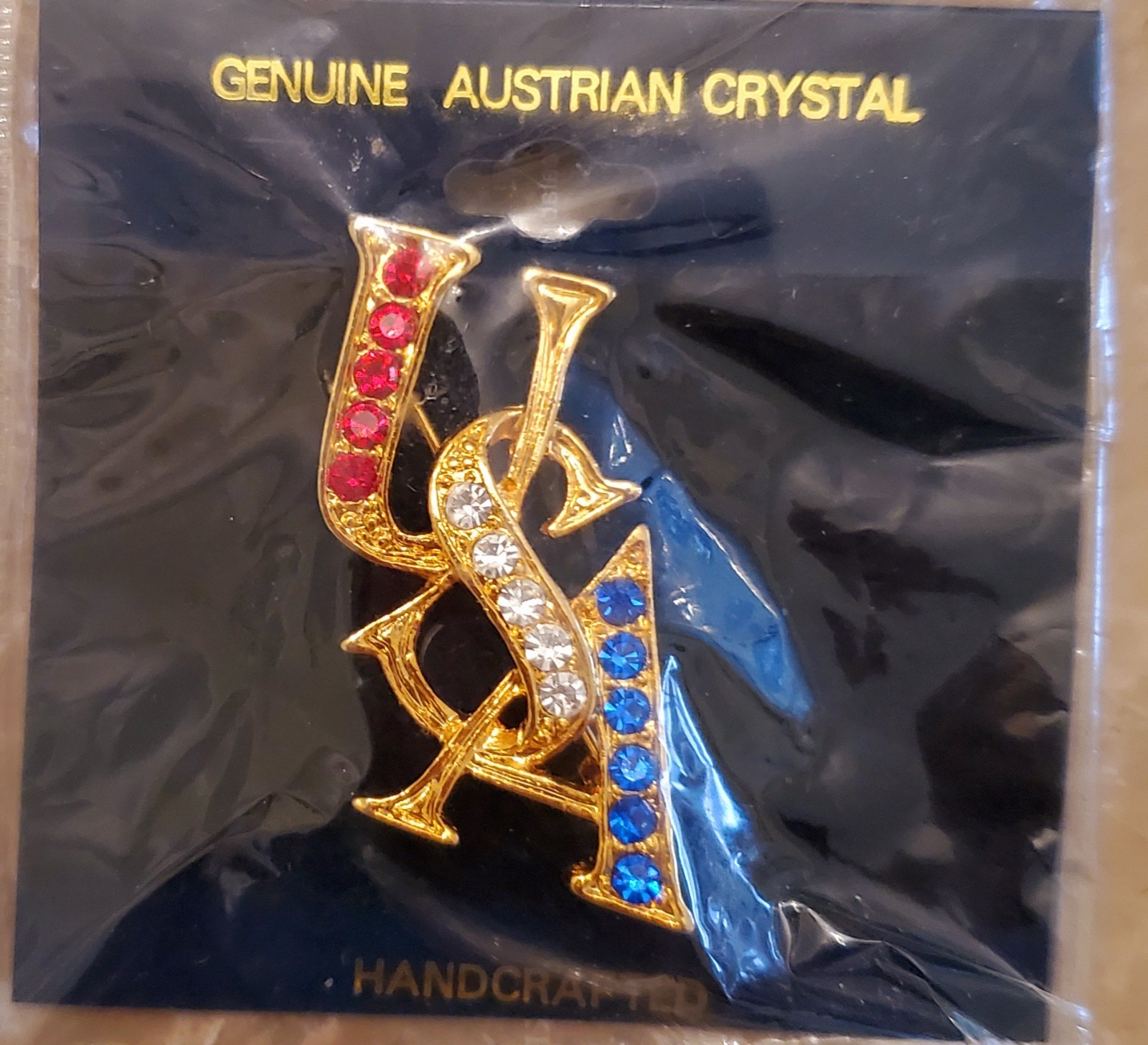 Handcrafted Gold Tone USA Brooch W/ Red White &Blue genuine Austrian crystal pin