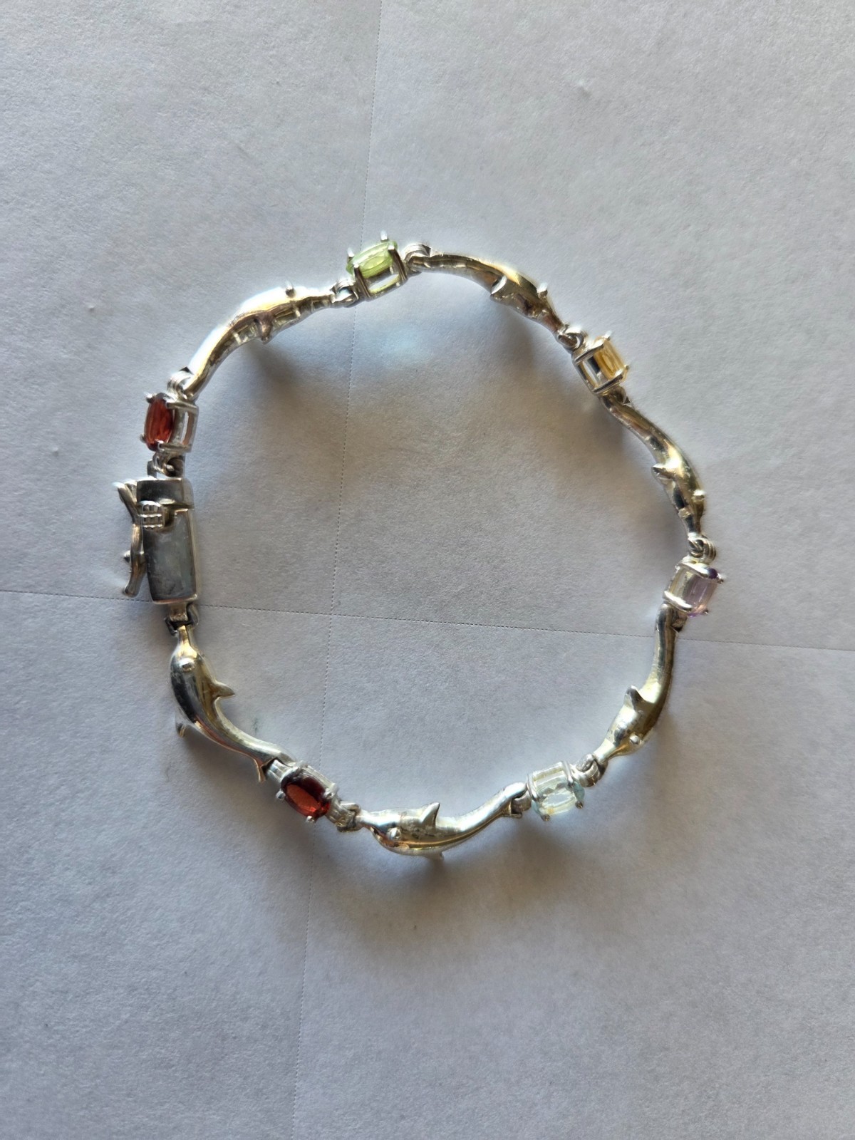 Sterling Silver Vintage 925 Dolphin Link Multi-Stone Bracelet