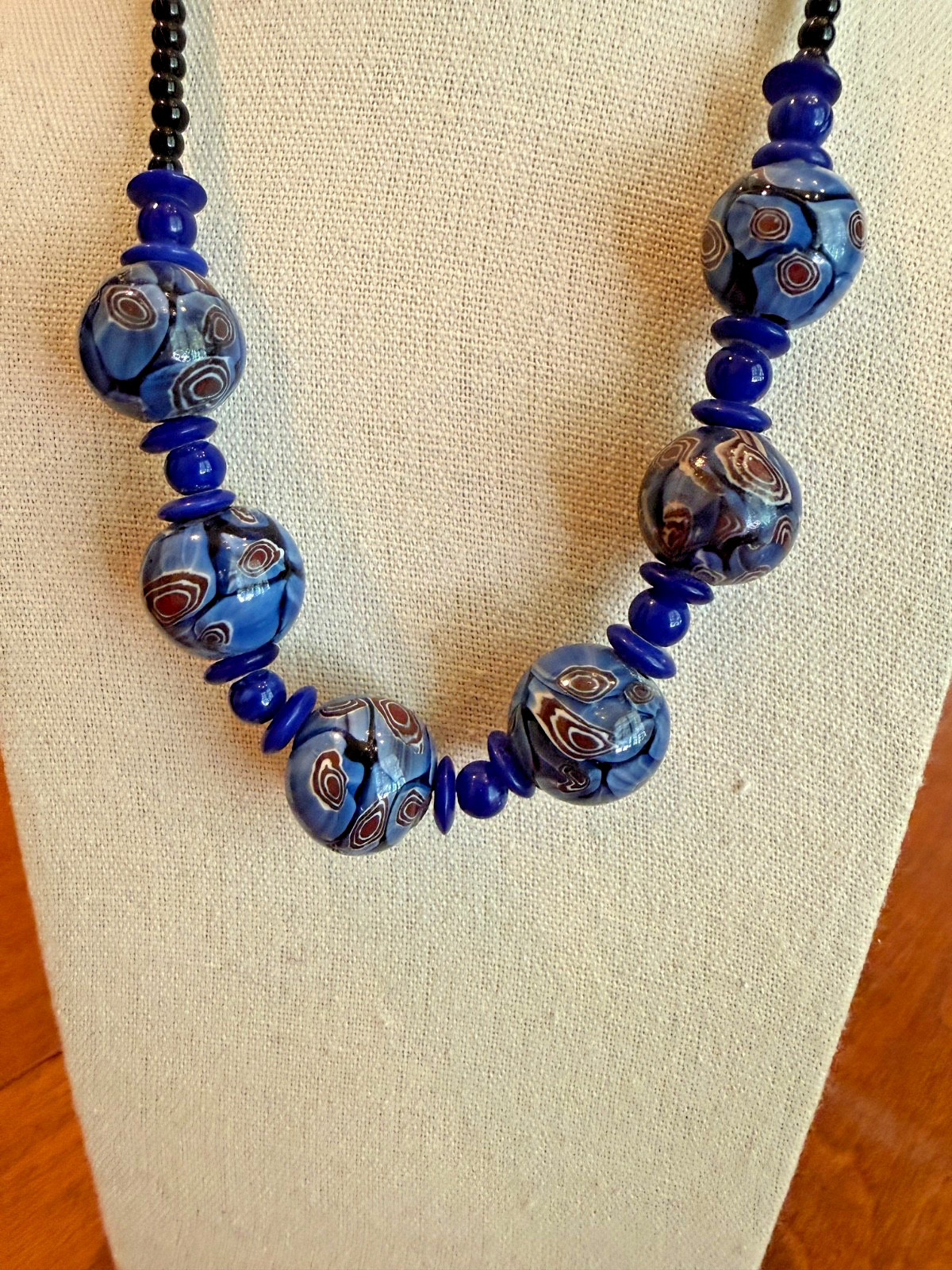 Vintage Blue Glass Bead Necklace Lampwork Excellent 19 inches European