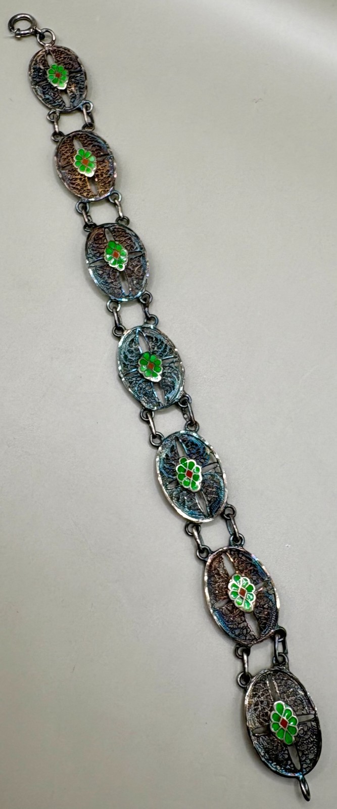 Vintage 835 Silver Enamel Filigree Panel Bracelet Green Floral European 10.65g
