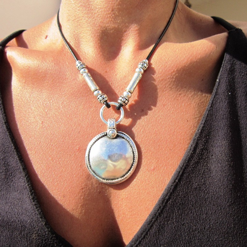 Boho Silver Tone Tribal Pendant Necklace Leather Cord Tribal Boho Tribal Choker