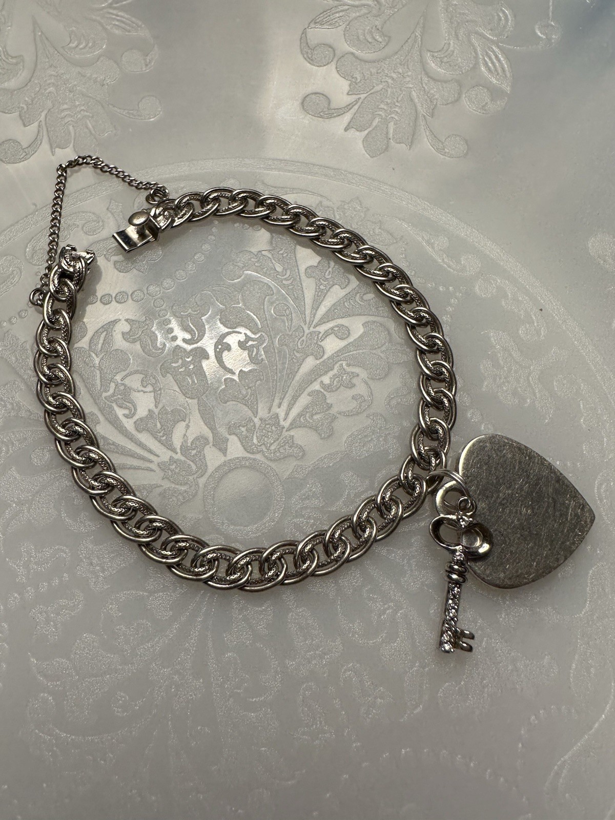 Vintage Sterling Silver Double Link Charm Bracelet Charms Heart Key 7 1/2” Love