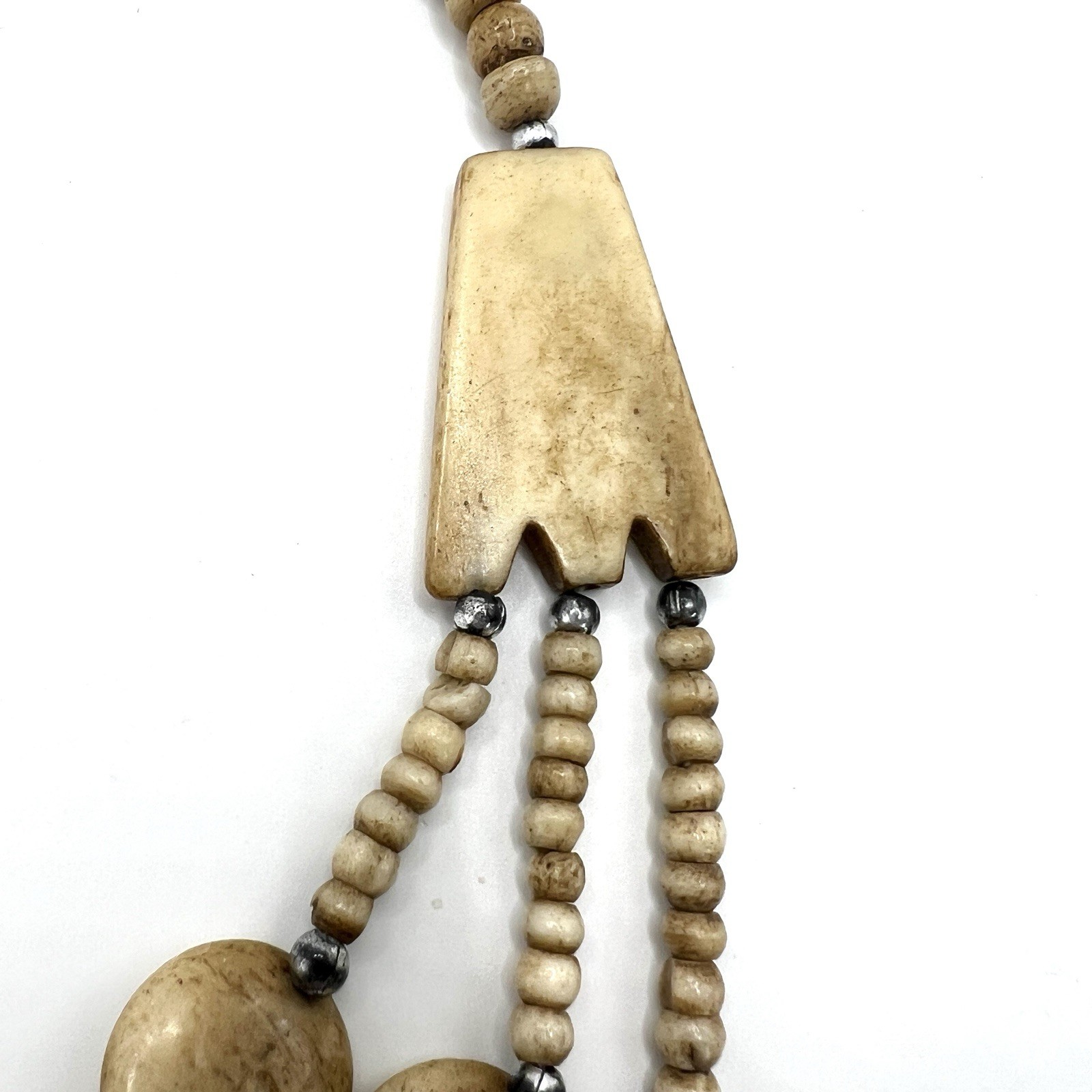 Vintage Multi Strand Bone Bead Necklace Tribal Boho Natural Beige Statement 19”