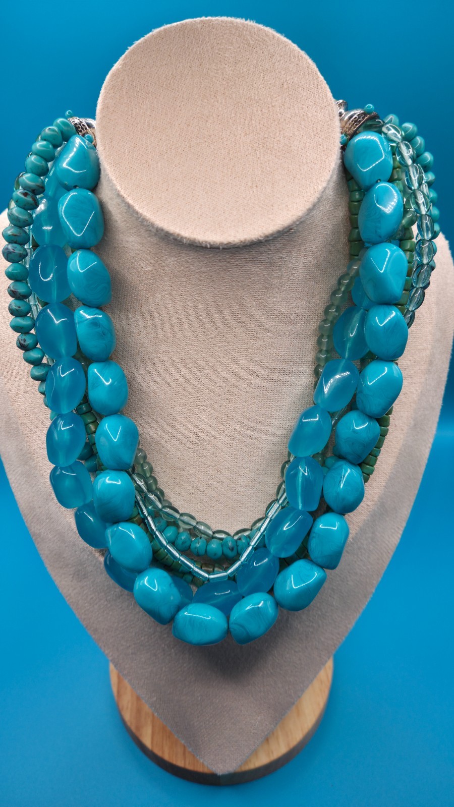 Vintage Turquoise Blue Beads Multi Strand Beaded Statement Necklace 8.5″ Chunky