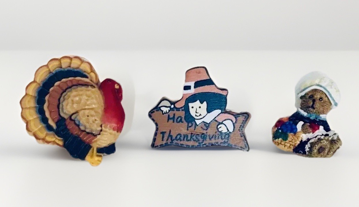 Lot of 3 Vintage Thanksgiving Holiday Pins Turkey Pilgrims Hallmark Whimsical