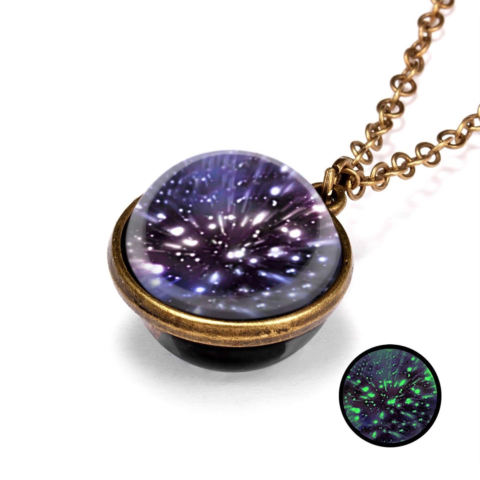 Double-Sided Galaxy Necklace – Glass Dome Pendant with Vintage Chain