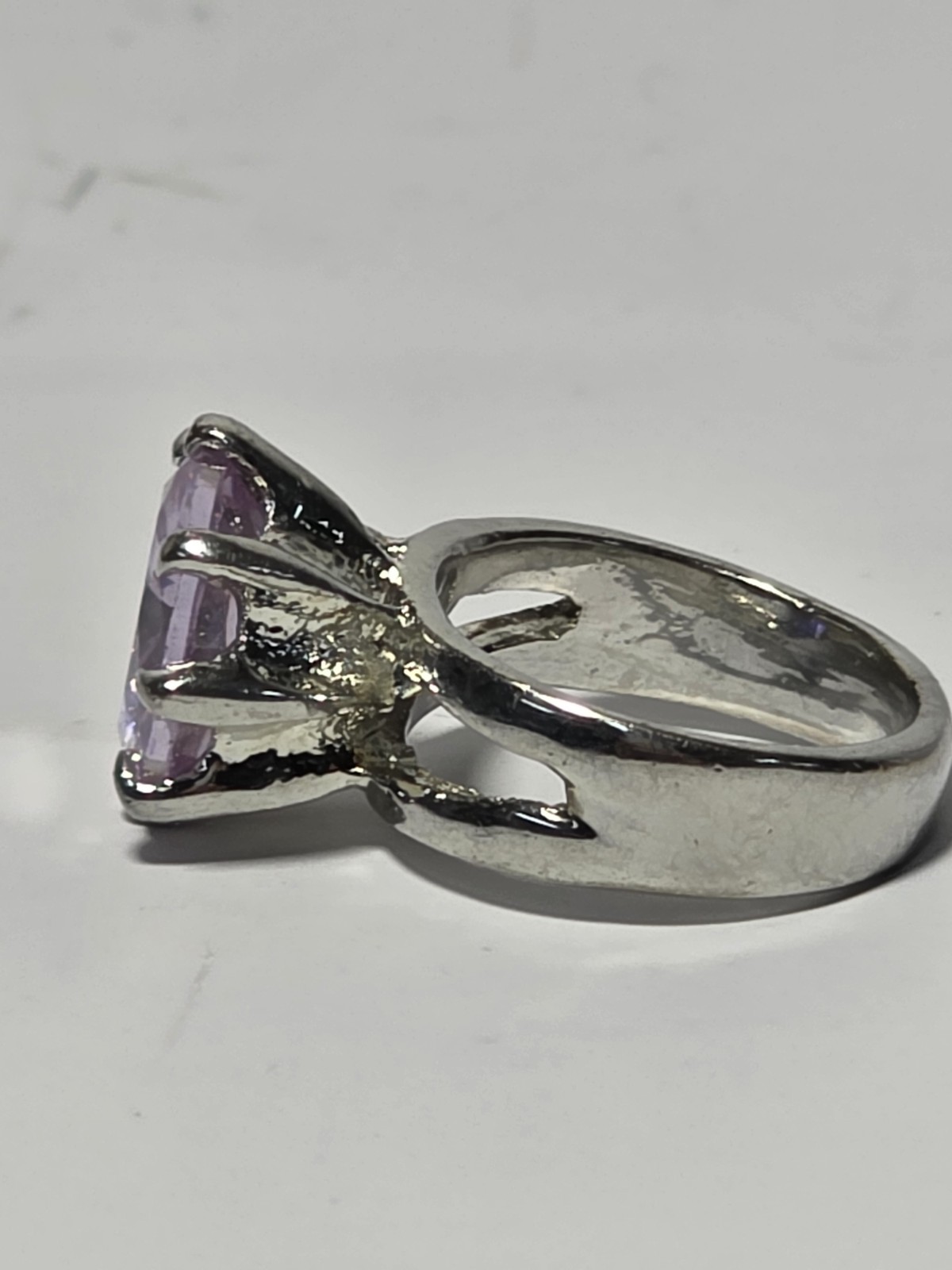Vtg Purple Faceted Glass Silver Plated Double Shank Solitaire Ring Sz 5.25 (J2)