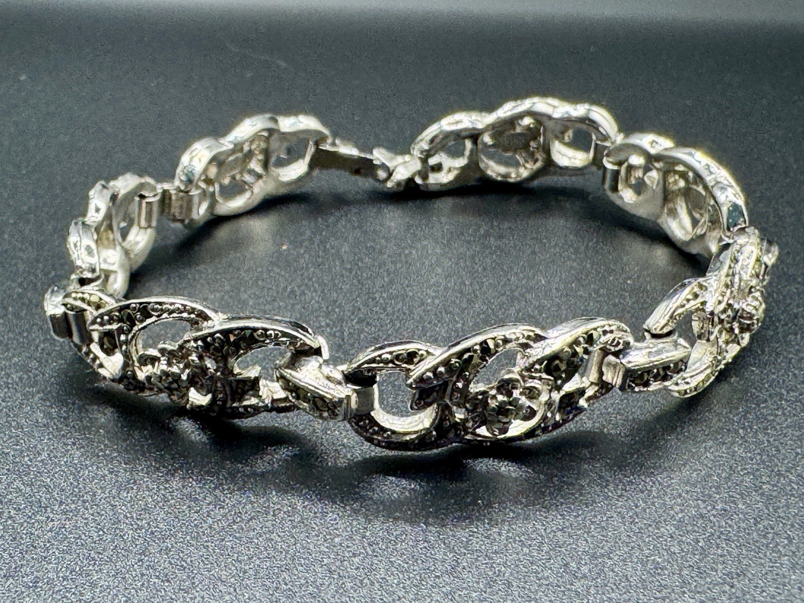 Antique Signed SPHINX Marcasite Link Bracelet Art Deco 1950s Floral Silver Tone