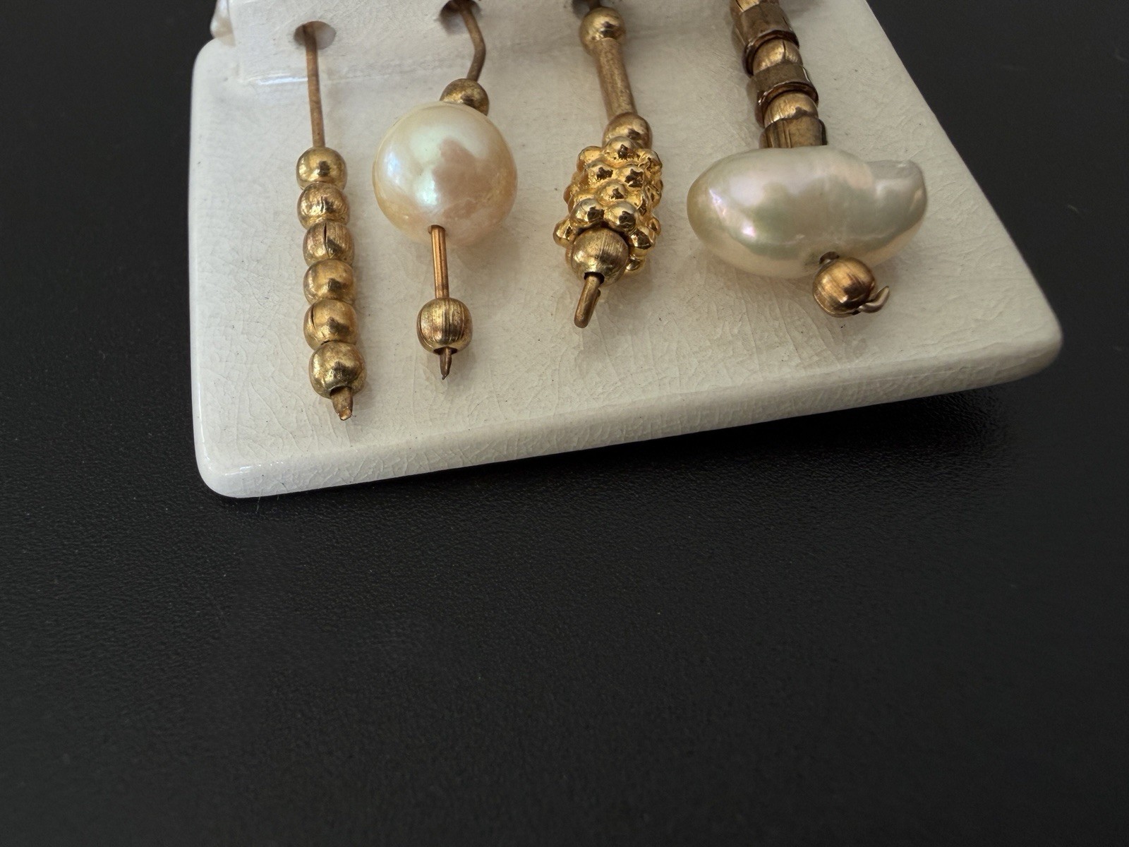 Artisan Ceramic Brooch with Dangling Freshwater Baroque Pearls Gold Beads Vtg