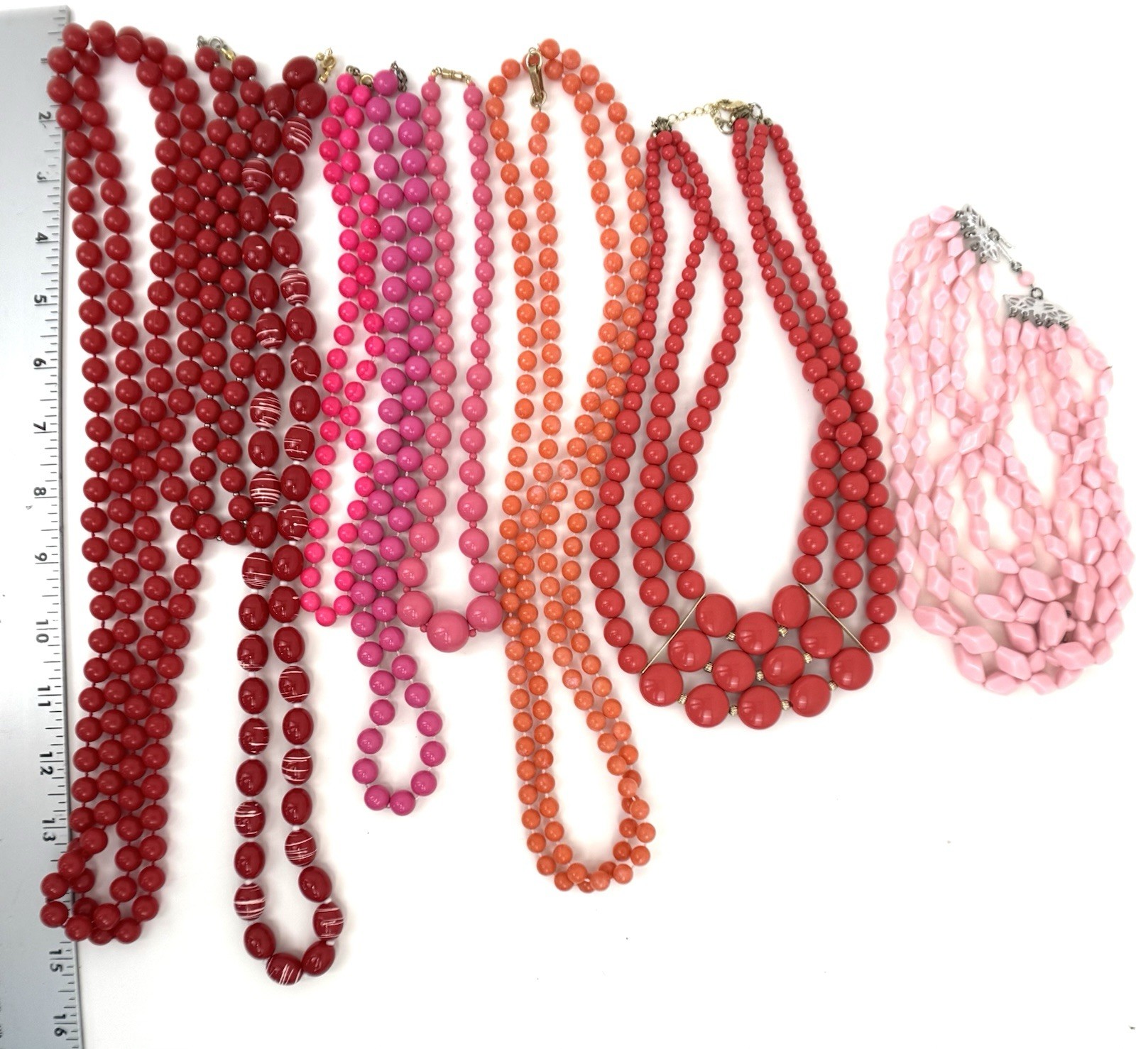 Lot 9 Vintage Style Beaded Necklaces Red Pink Orange Lucite Acrylic Retro