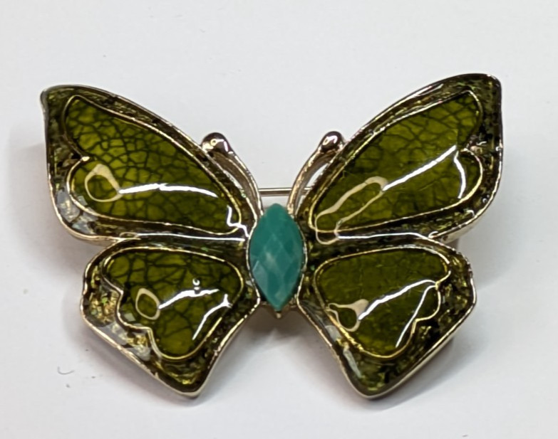 VTG Liz Claiborne Green Enamel Blue Rhinestone Butterfly Statement Brooch Pin