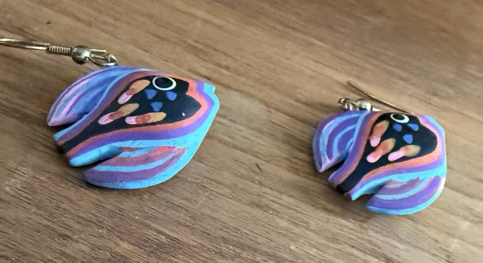 Vintage Hand-painted Wooden Blue Tropical Fish Dangle Earrings