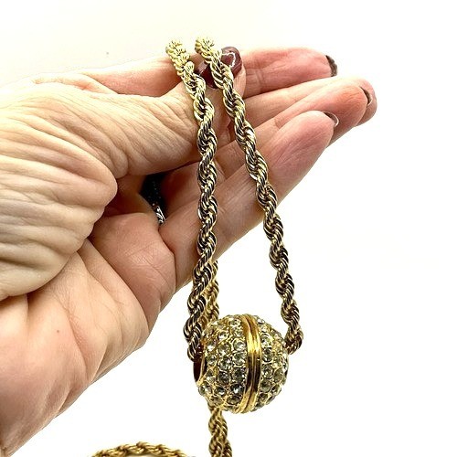 Vintage Rope Chain Necklace With Rhinestone Crystal Ball Pendant