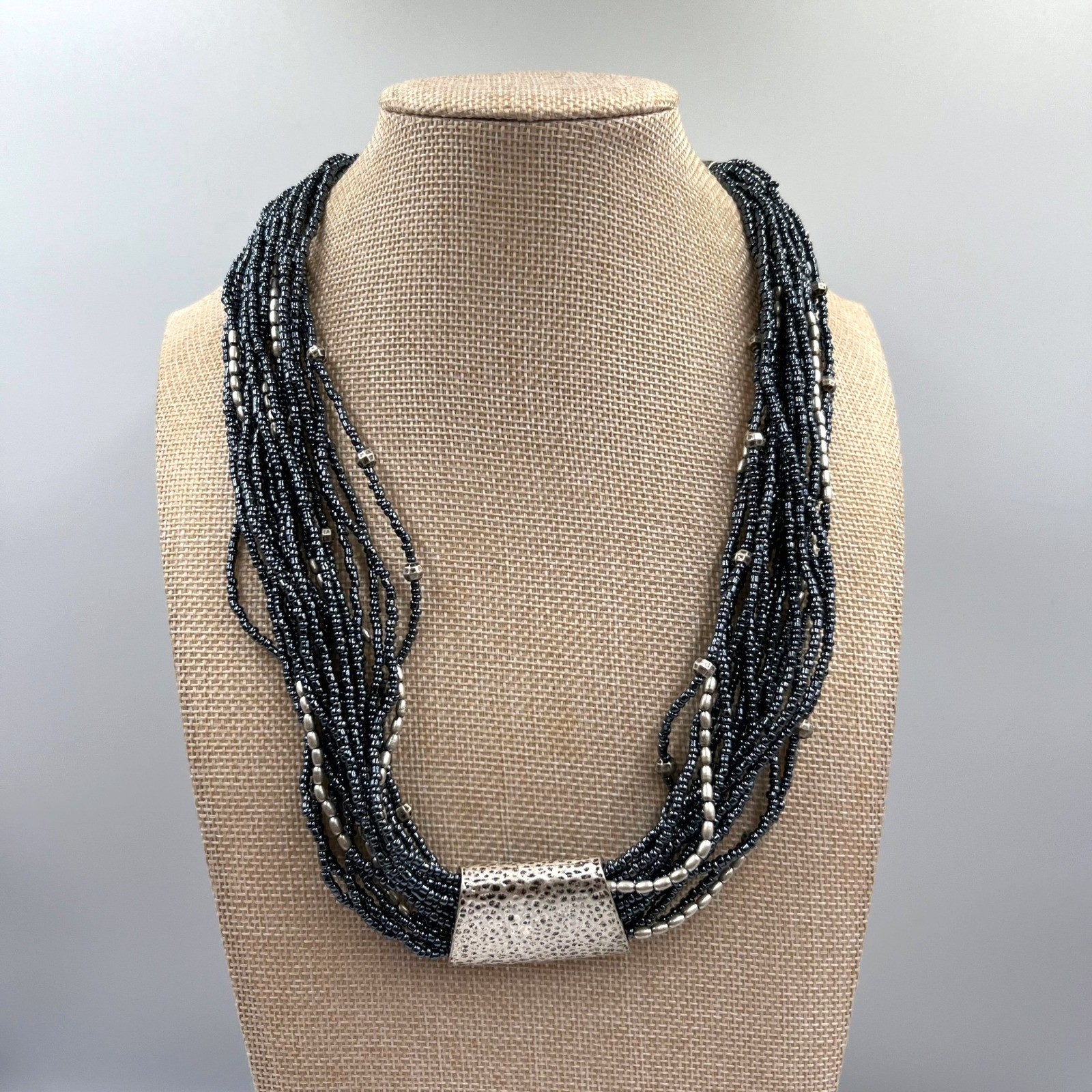 Coldwater Creek Multi-Strand Seed Bead Necklace Silver Tone Hammer Slide Accent