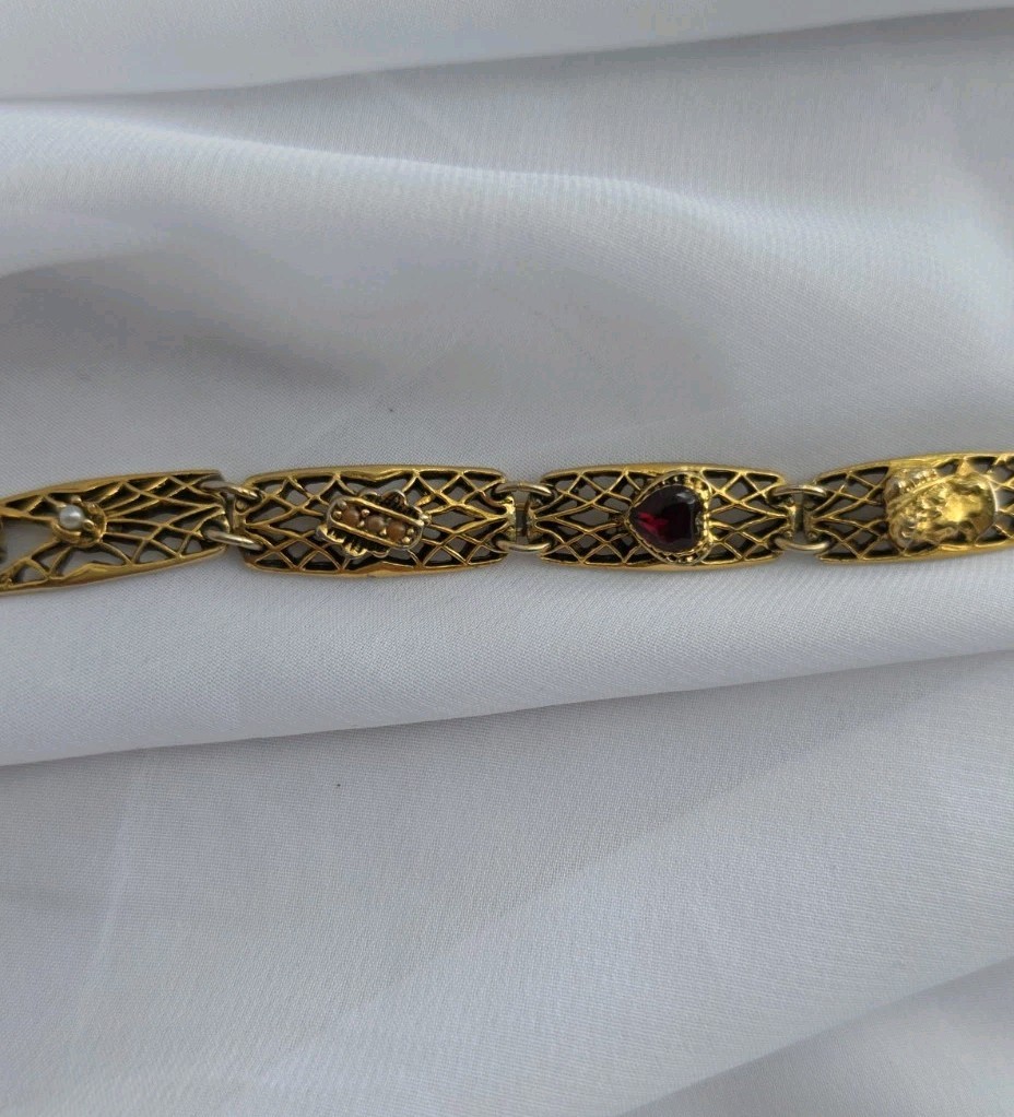 1960s Goldette NY Multi-Stone Gold Tone Bracelet 7.25″ Lattice Links