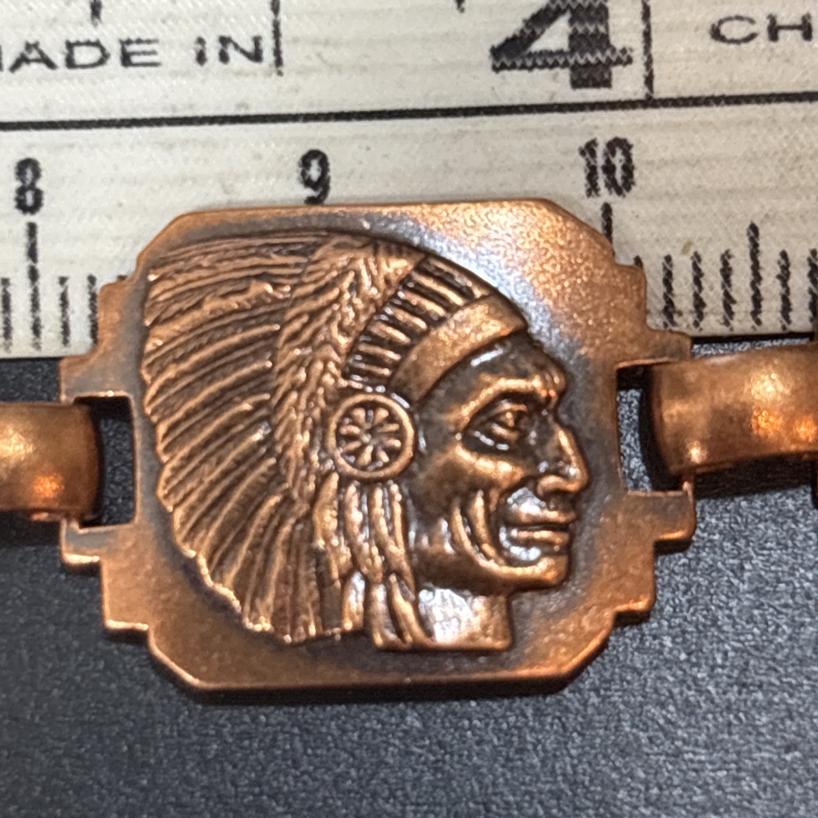 Copper Linked Bracelet Vintage Native American Rectangle Indian Chief Panels 7″
