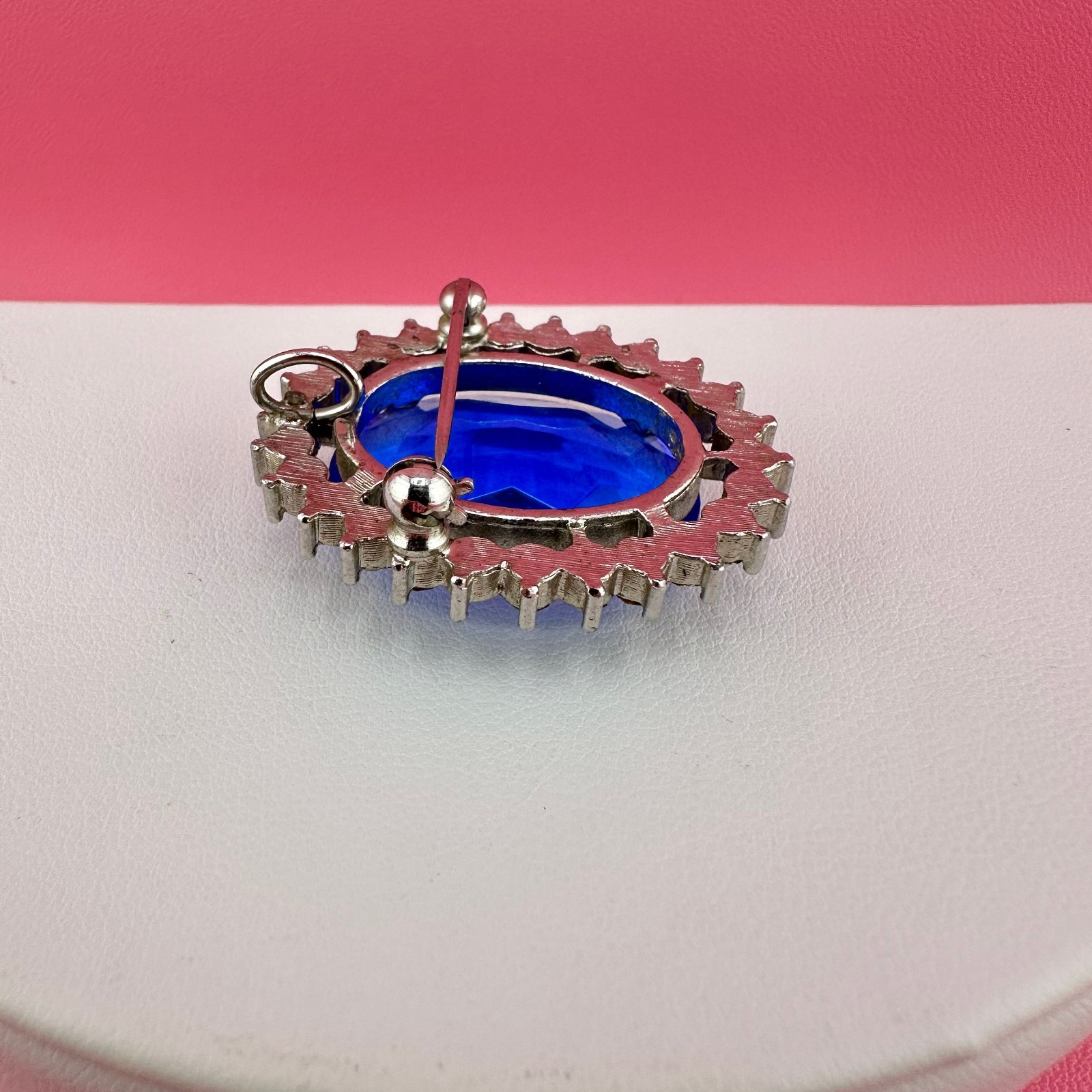 Vintage Crystal Brooch Pendant LG Blue Oval Faceted Stone Open Back Prong Set