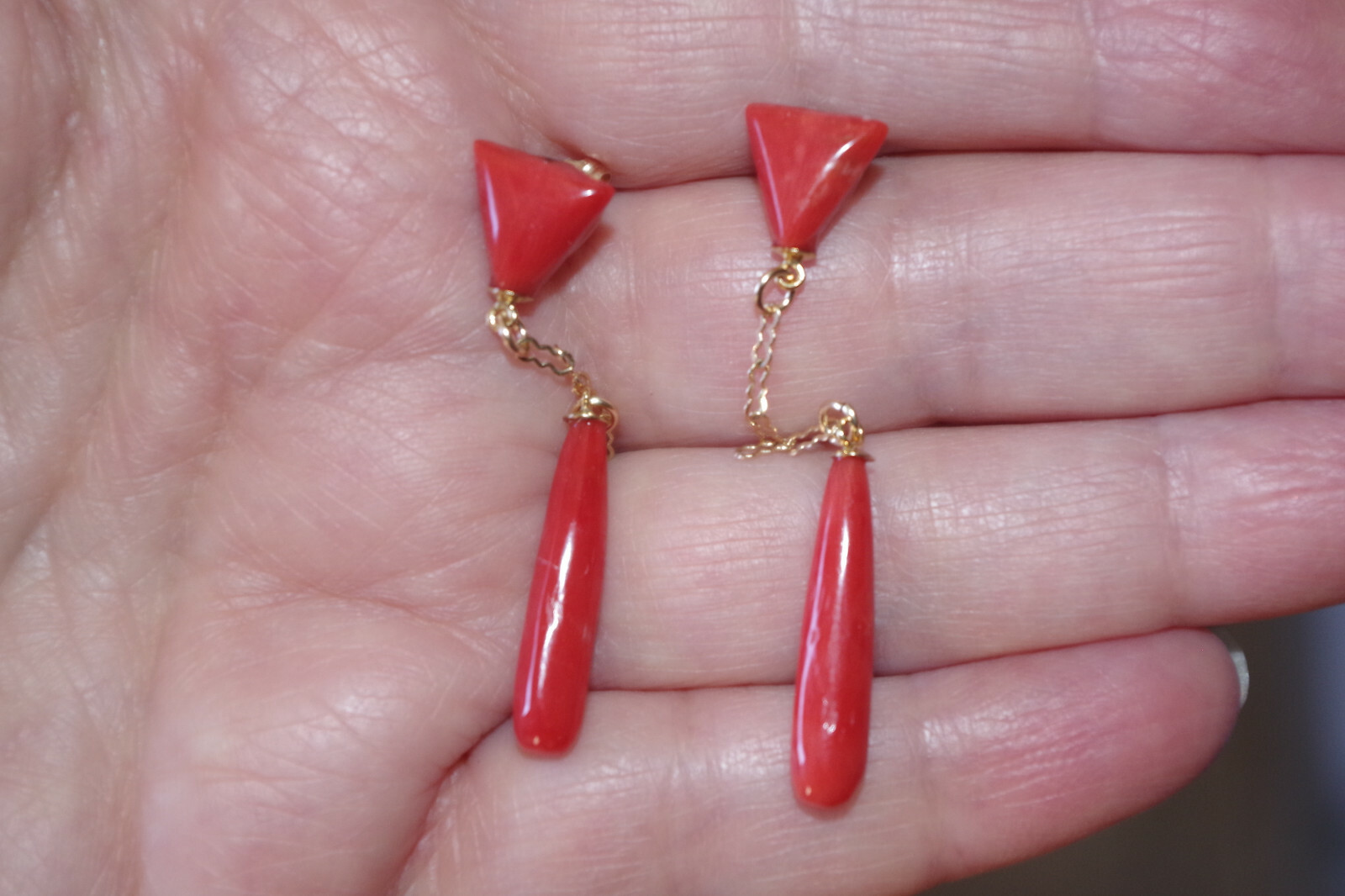 14K 52MM Ox Red Italian Triangular Stud Coral Teardrop Earrings Made to Order