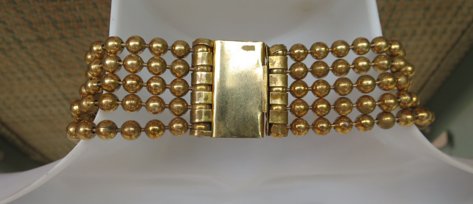 Vintage 30’s Multi 5 Strand Gold Tone Brass Ball Chain Tiered Necklace