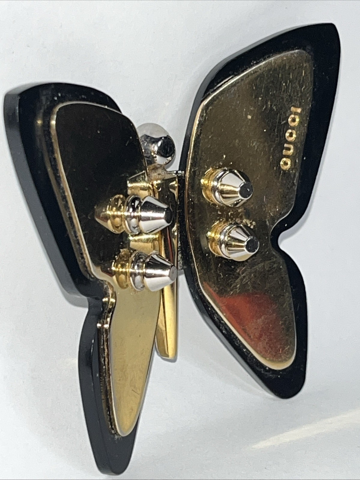 BUTTERFLY BROOCH PIN Layered Gold-Tone Metal & Black Acetate Resin 2.75″ READ