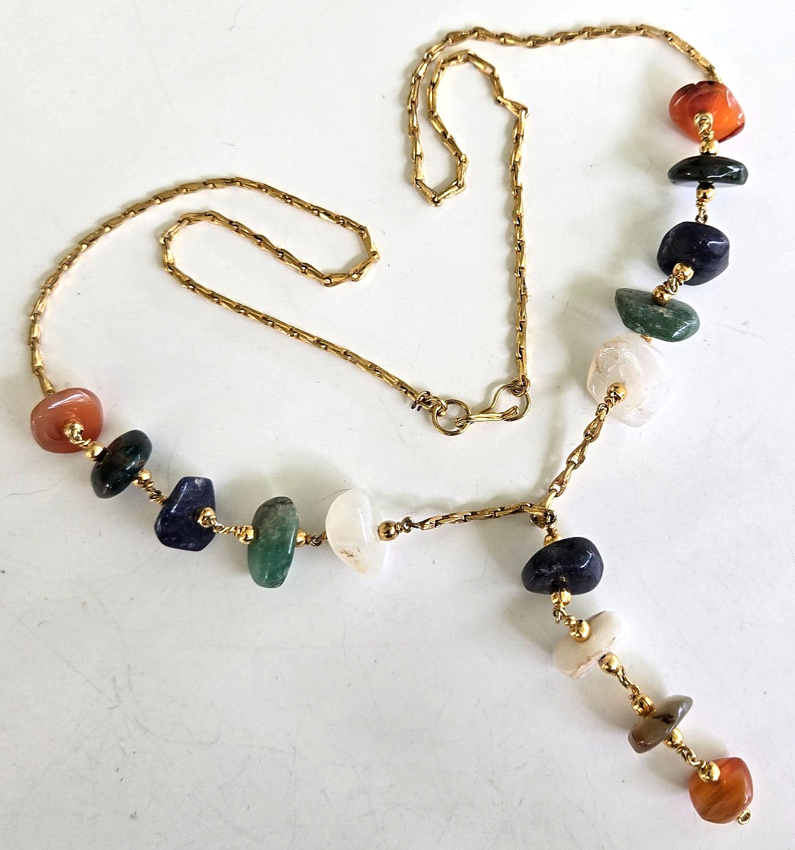 Vintage Agate Nugget Bead Gold Tone Elongated Chain Y Drop Necklace 24.75″
