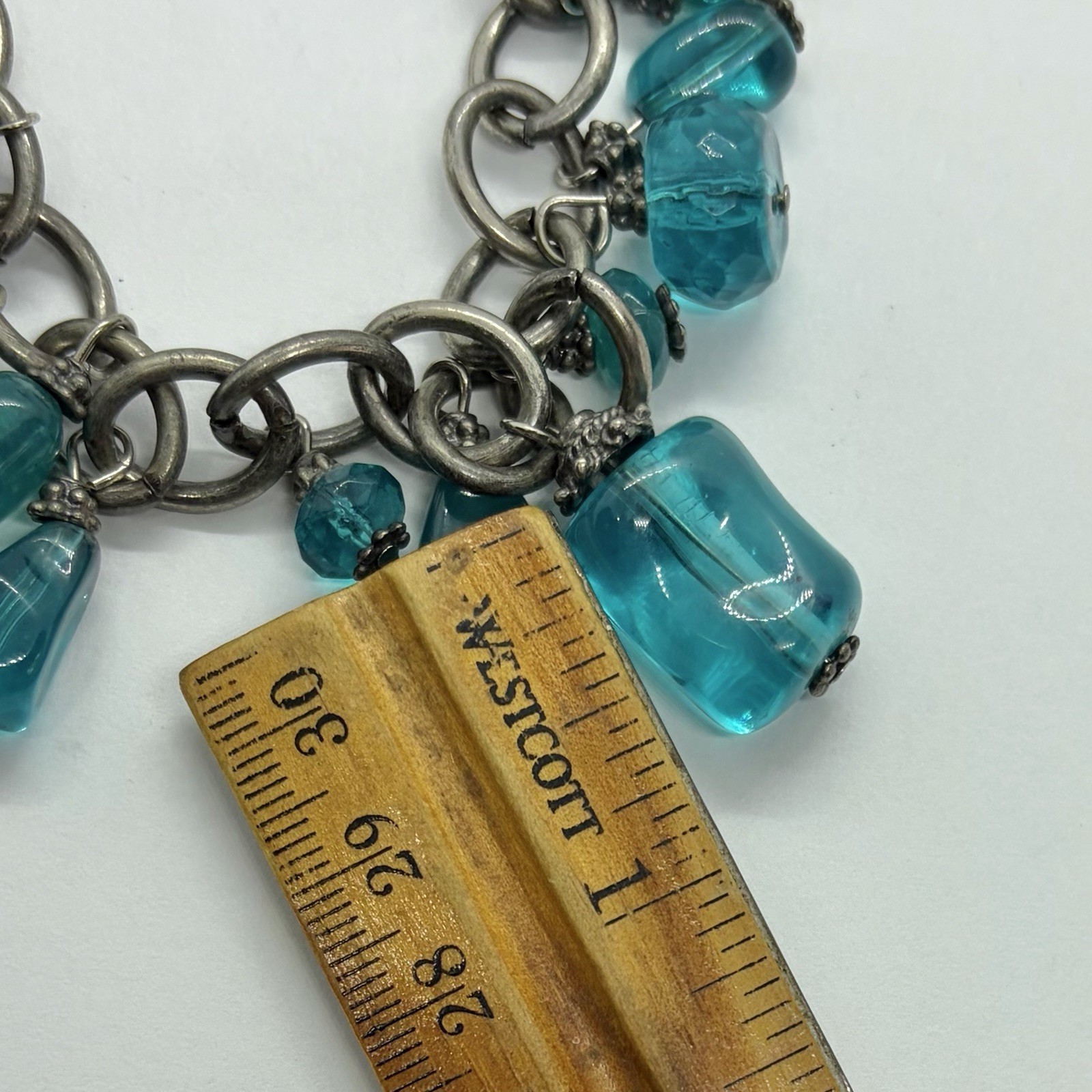 Vtg Bold Teal Resin Chunky Bead Charm Chain Cha Cha Statement Bracelet 7.5 Inch