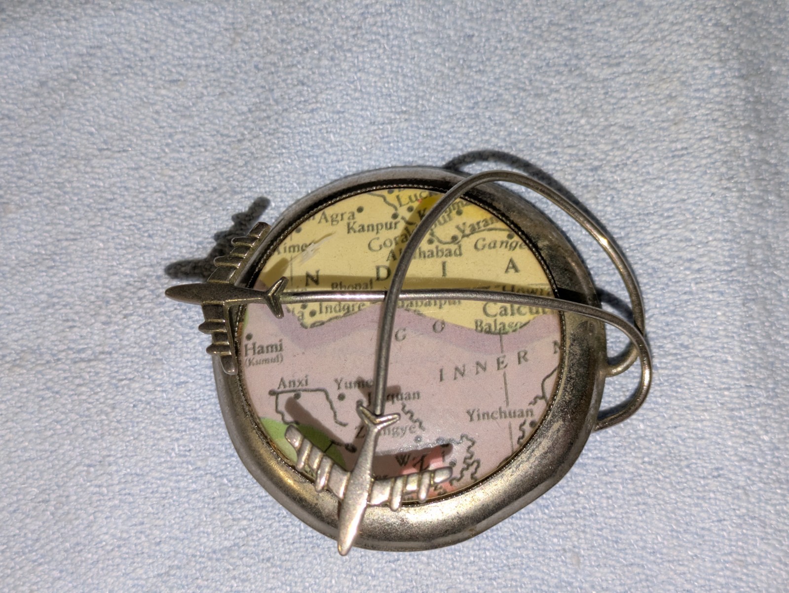 VINTAGE METAL TRAVEL BROOCH PIN JET PLANE AIRPLANES FLYING MAP ASIA INDIA CHINA