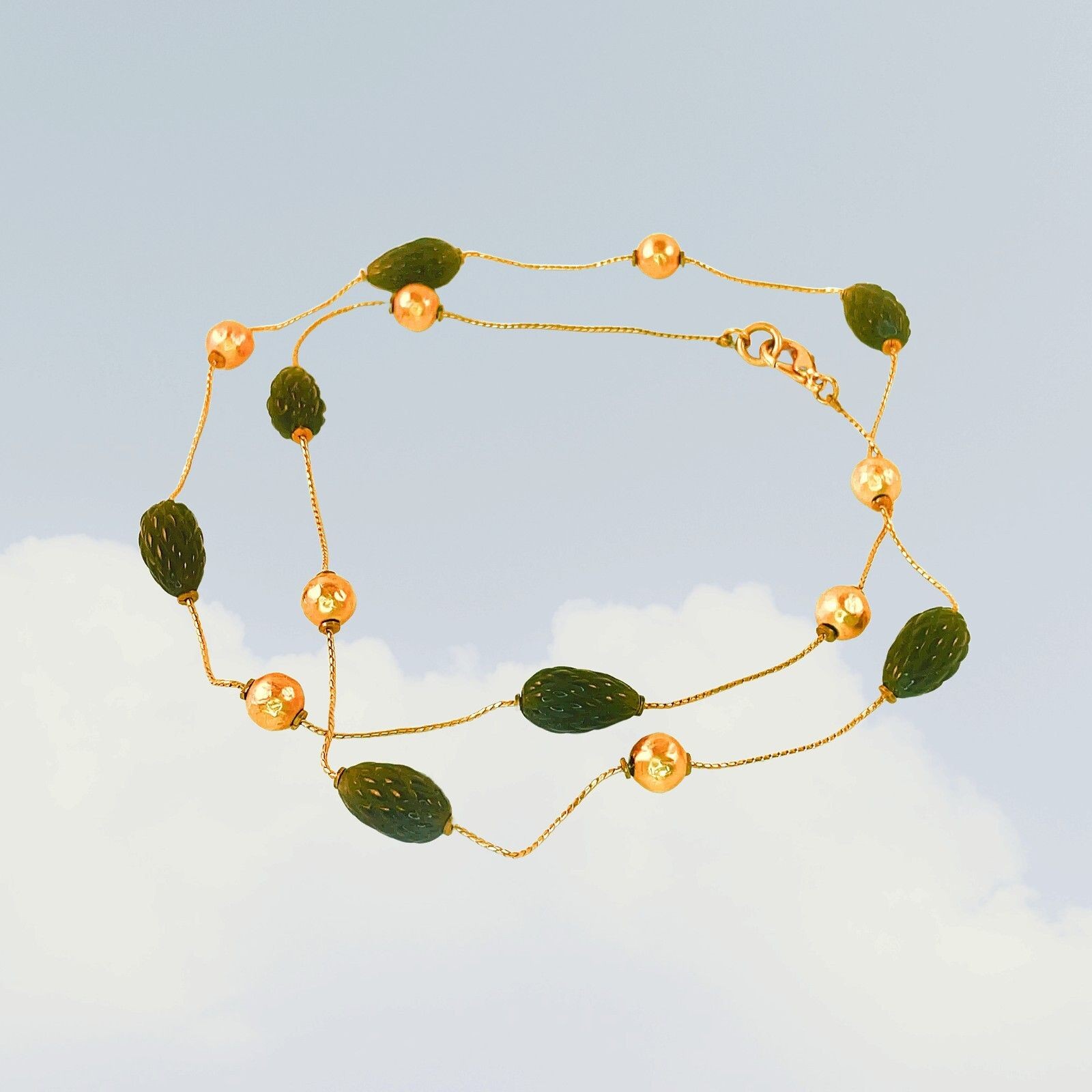 Sculpted Pinecone Station Necklace Satin 18kt Gold Foxtail Chain Lucite 30 In