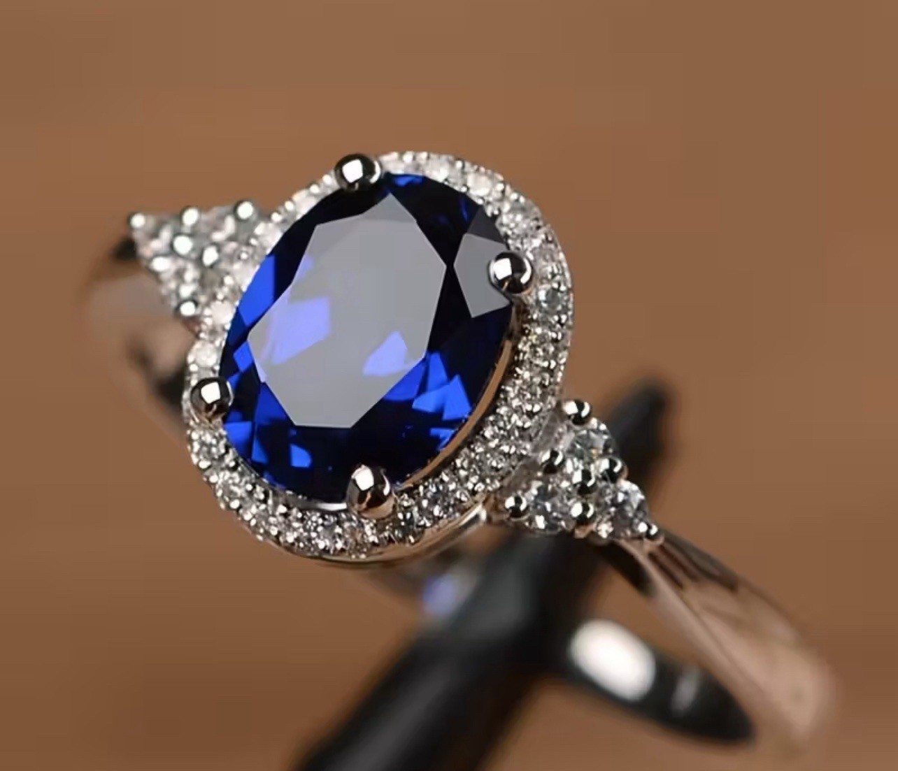 Exquisite Synthetic Blue Crystal Ring Made From Alloy Metal Plated In White K