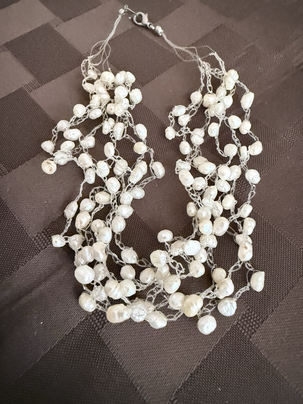 Vintage multi-strand floating pearl illusion necklace with freshwater pearls.
