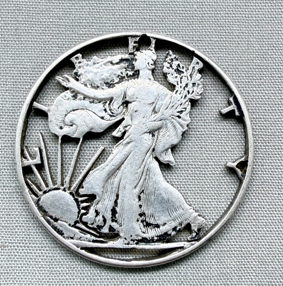 Vintage Silver Walking Liberty Cut Out Pendant Half Dollar Coin Unknown Date