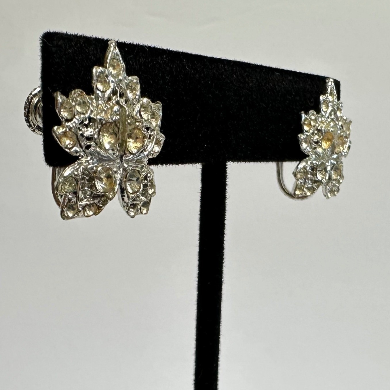 Vintage Silver Tone Rhinestone Maple Leaf Earrings Screw Back