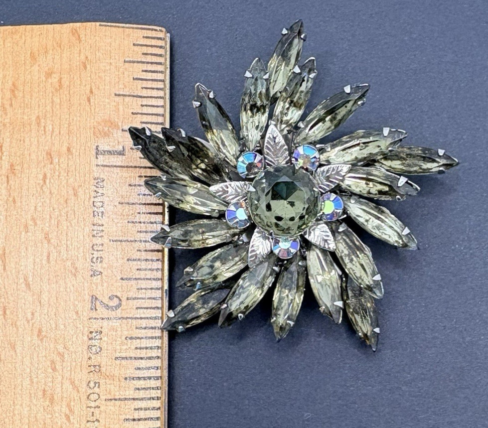 Vintage Smoky Gray Crystal Floral Swirl AB Crystals Brooch Silver Tone Prong Set