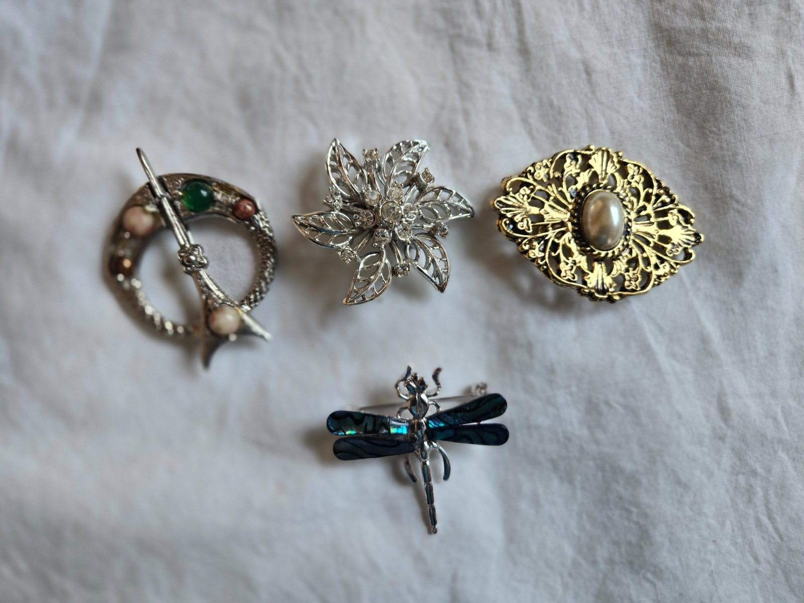 Lot of 4 Misc. Brooches, Dragonfly, Flower and etc. #AA