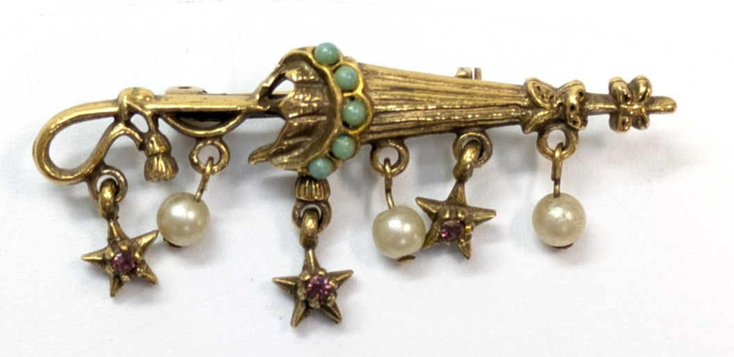 VTG Unsigned Florenza Purple Rhinestone Gold Tone Umbrella Stars Pearl Brooch 2″