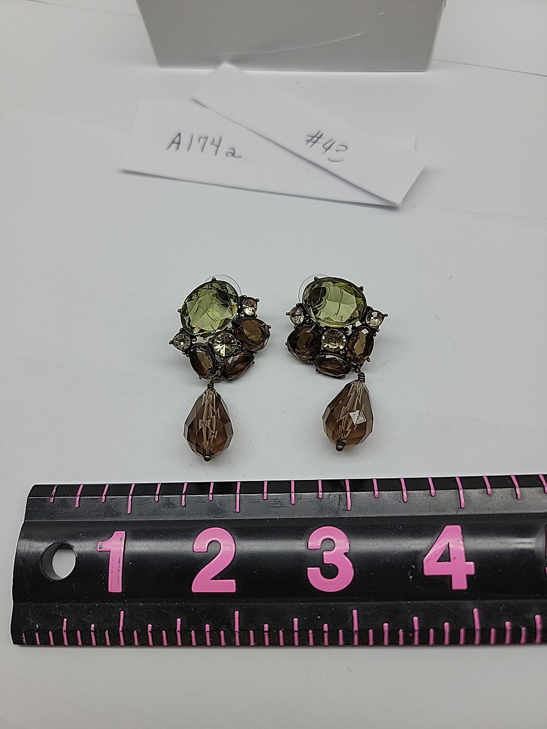 Green Brown Vintage Gem Stud With Bead Dangle Olive Green Golden Brown Unbranded