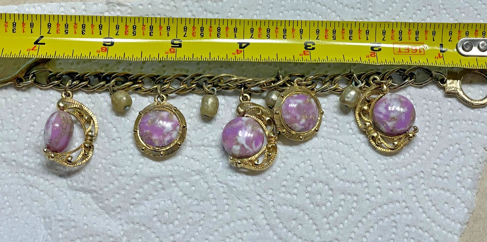 Vintage bracelet purple pearl Art Glass Beaded Gold tone toggle crescent moon 7”