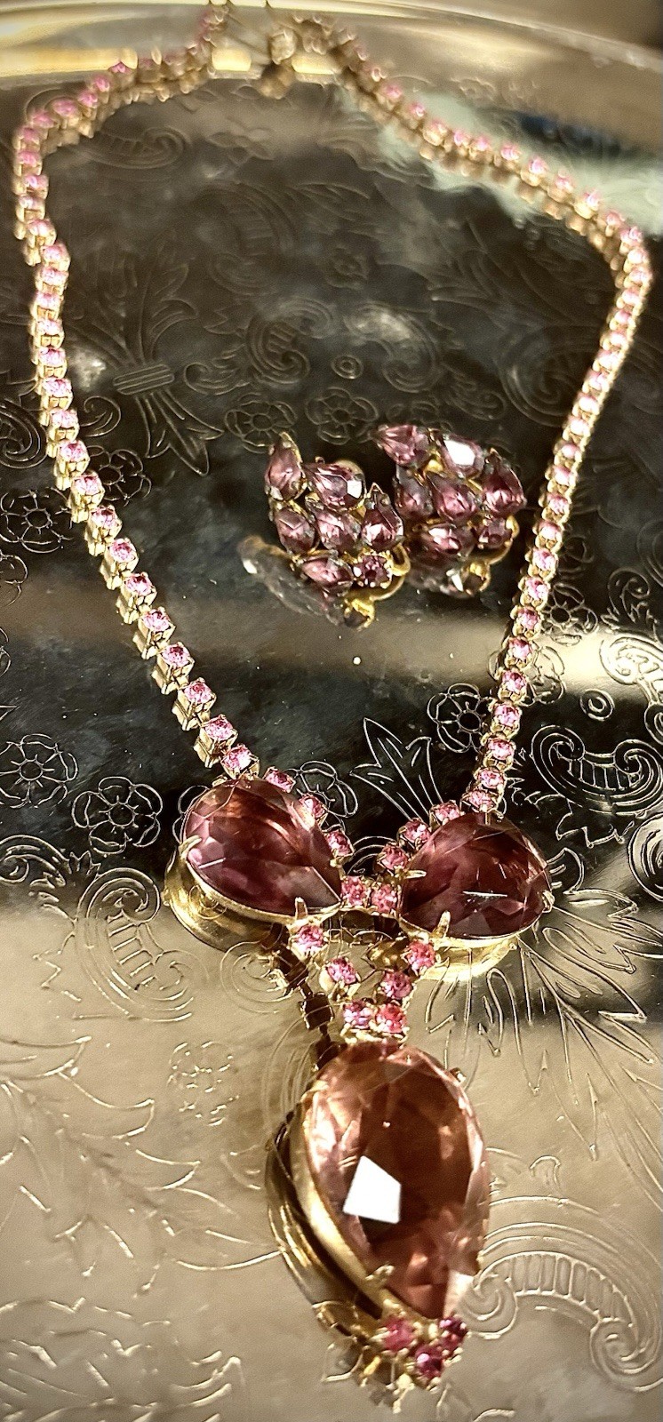 Antique Czech Czechoslovakia Bohemian Amethyst Glass Rhinestone Demi Parure Set