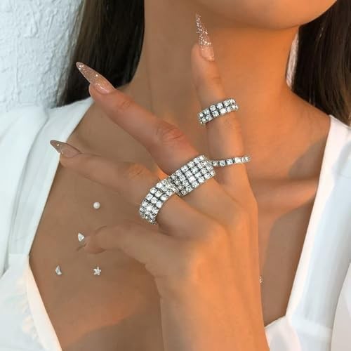 Sparkling Rhinestone Ring Set Trendy Elastic Rhinestone Crystal Light Blue-A