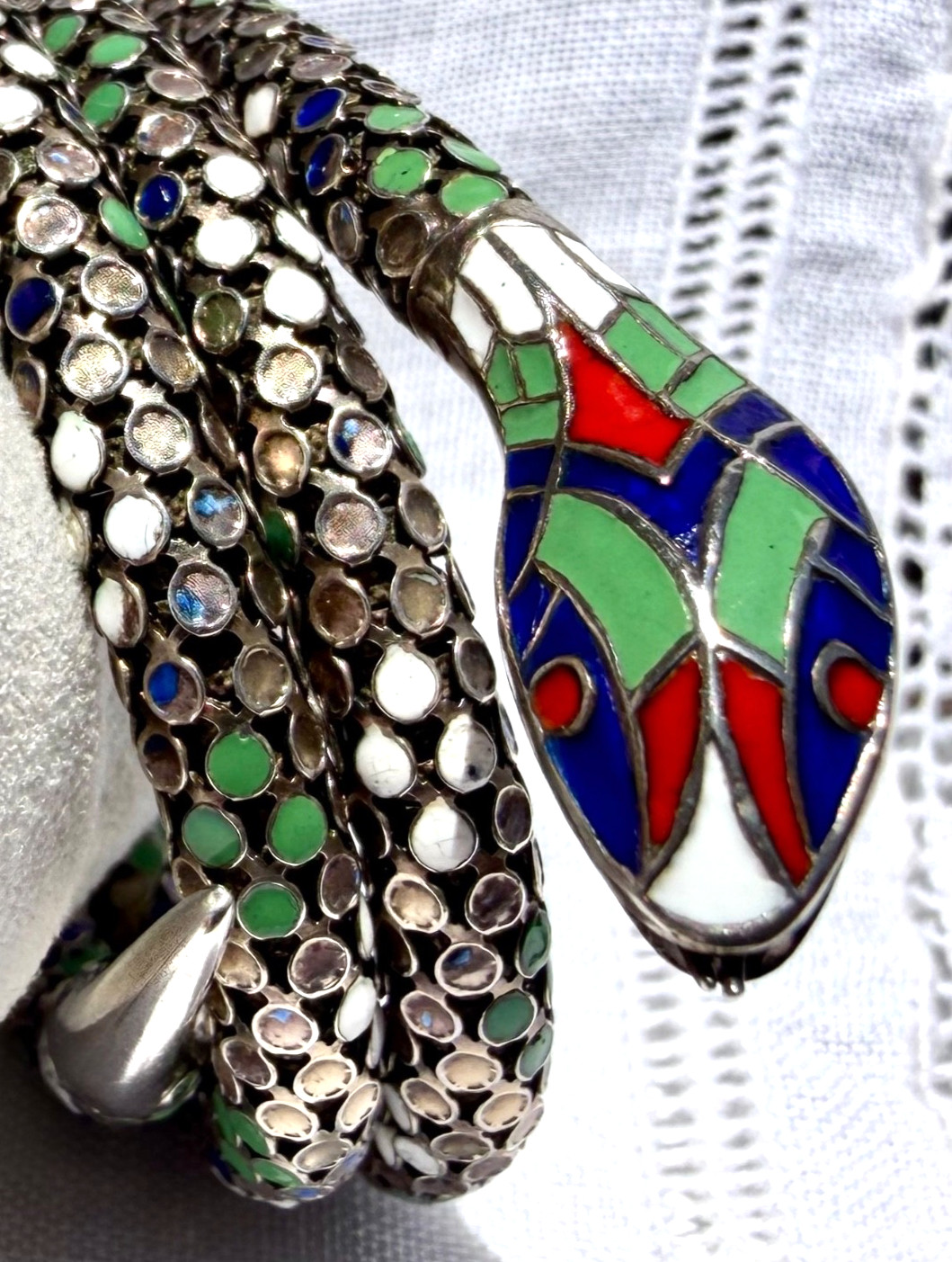 Antique German Art Deco Colorful Enamel SNAKE 935 Silver Wrap Bracelet