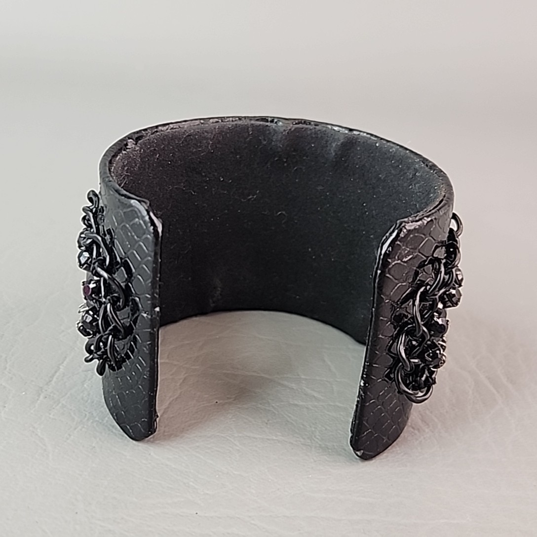 Cuff Bracelet Wide Black Faux Leather Chain Acrylic Beads 7″